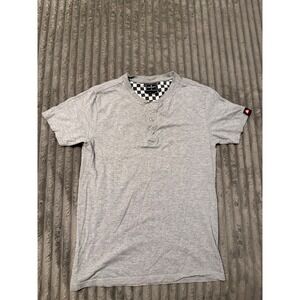 Airwalk Mens Henley Shirt Short Sleeve‎ Heather Gray Checkered Neck Small